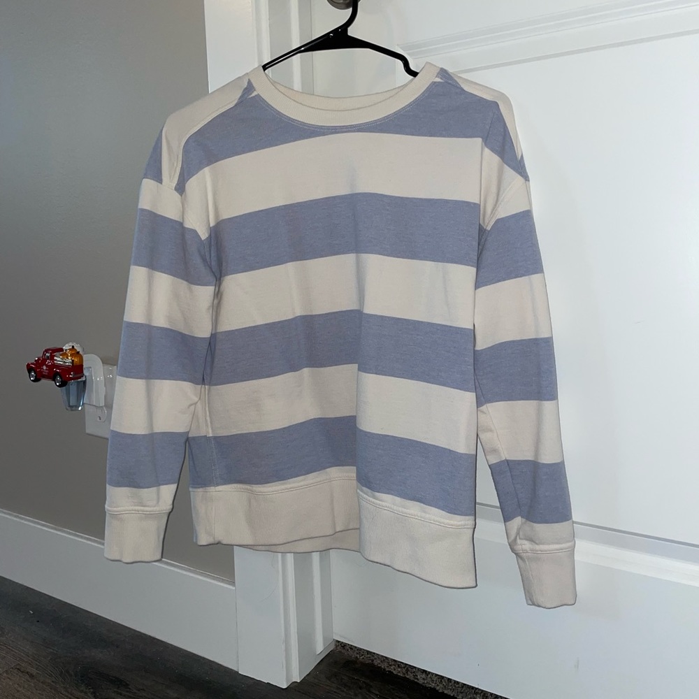 purple and white crewneck